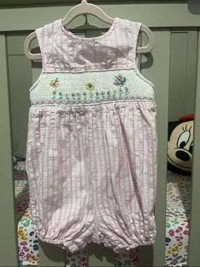 Pink Gingham Smocked Floral Baby Romper